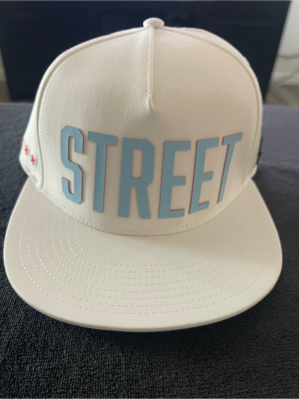 Nascar White Snapback Hat with Light Blue "STREET" Lettering